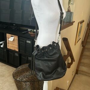 VTG Black Leather Drawstring Bucket Bag